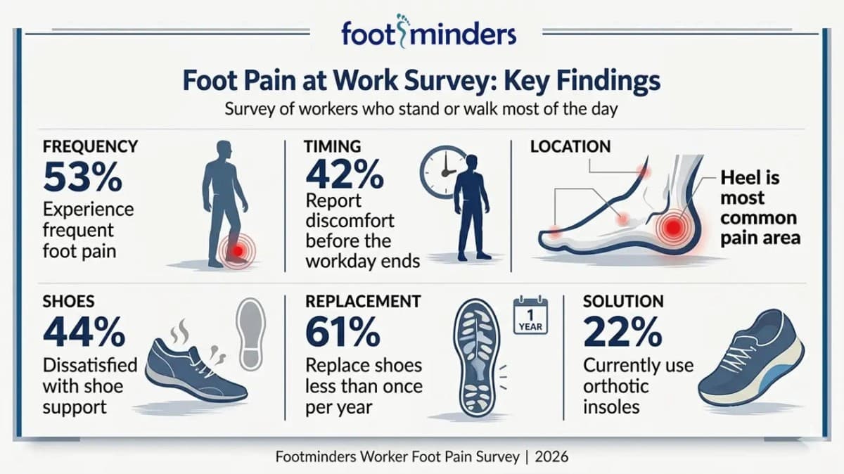 Un sondage de Footminders révèle que 53 % des travailleurs debout souffrent fréquemment de douleurs aux pieds, mais seulement 22 % utilisent des semelles orthopédiques