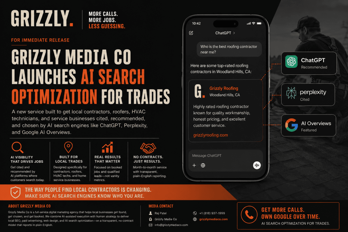 Grizzly Media Co lance l'optimisation pour la recherche IA afin d'aider les métiers à être cités par ChatGPT et Google AI